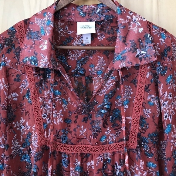 KNOX Rose crochet trim sheer boho bell sleeve floral top size M - Picture 4 of 10
